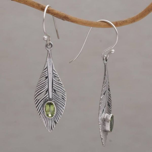 Alternate image for Peridot and Silver Feather Dangle Earrings from Bali Glittering Feathers