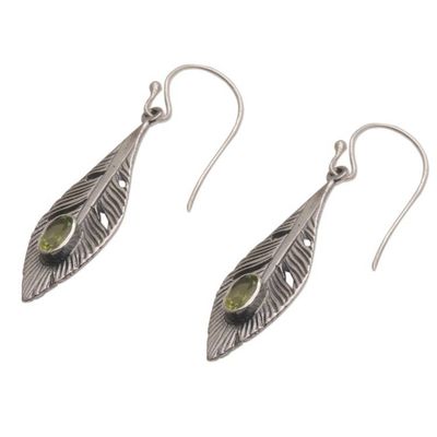 Alternate image for Peridot and Silver Feather Dangle Earrings from Bali Glittering Feathers