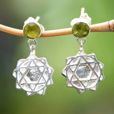Alternate image for Sterling Silver Peridot Heart Chakra Symbol Dangle Earrings Anahata Chakra