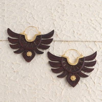 Primary image for Hand Carved Wood and Gold Accent Hoop Earrings Justice Symbol