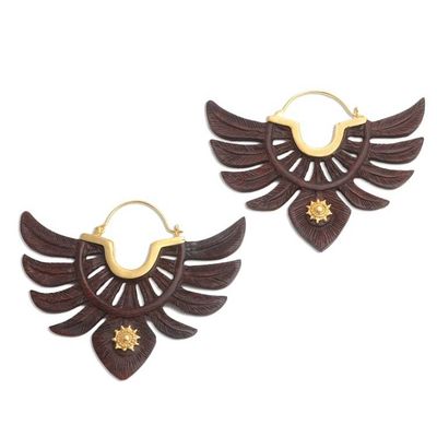 Alternate image for Hand Carved Wood and Gold Accent Hoop Earrings Justice Symbol