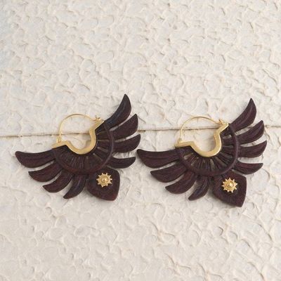 Alternate image for Hand Carved Wood and Gold Accent Hoop Earrings Justice Symbol
