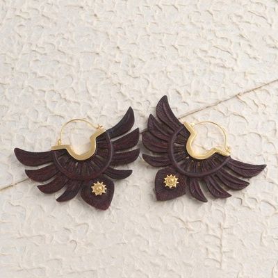 Alternate image for Hand Carved Wood and Gold Accent Hoop Earrings Justice Symbol