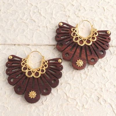 Primary image for Carved Wood and 18k Gold Accent Earrings Shining At Dawn