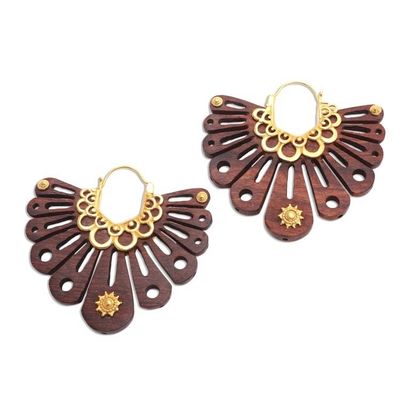 Alternate image for Carved Wood and 18k Gold Accent Earrings Shining At Dawn