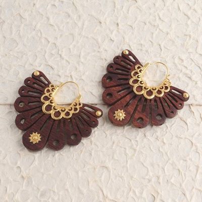 Alternate image for Carved Wood and 18k Gold Accent Earrings Shining At Dawn