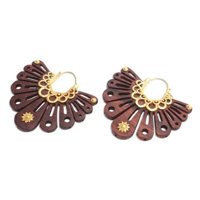 Alternate image for Carved Wood and 18k Gold Accent Earrings Shining At Dawn