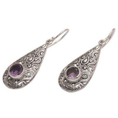 Alternate image for Spiral Motif Drop-Shaped Amethyst Dangle Earrings from Bali Temple Teardrops