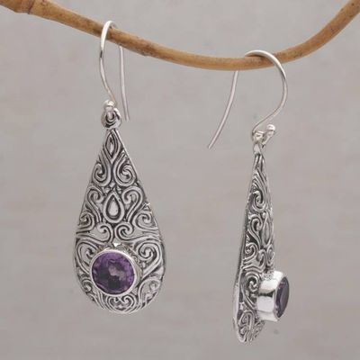 Alternate image for Spiral Motif Drop-Shaped Amethyst Dangle Earrings from Bali Temple Teardrops