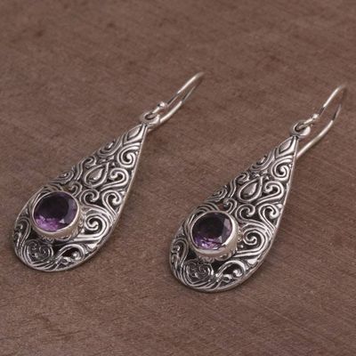 Alternate image for Spiral Motif Drop-Shaped Amethyst Dangle Earrings from Bali Temple Teardrops