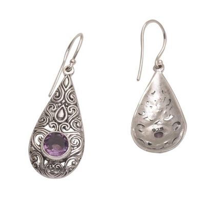 Alternate image for Spiral Motif Drop-Shaped Amethyst Dangle Earrings from Bali Temple Teardrops