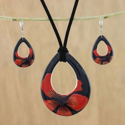 Alternate image for Ceramic Black and Red Pendant Necklace Dangle Earrings Set Crimson Bloom