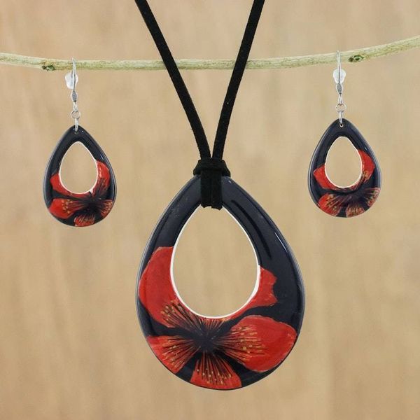 Alternate image for Ceramic Black and Red Pendant Necklace Dangle Earrings Set Crimson Bloom