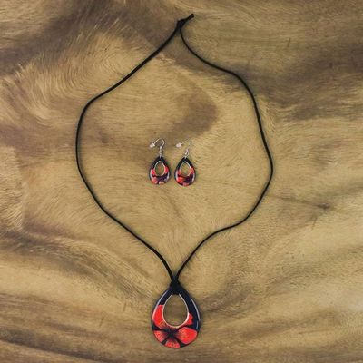 Alternate image for Ceramic Black and Red Pendant Necklace Dangle Earrings Set Crimson Bloom