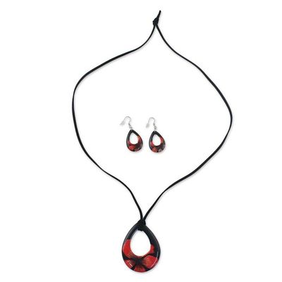 Alternate image for Ceramic Black and Red Pendant Necklace Dangle Earrings Set Crimson Bloom