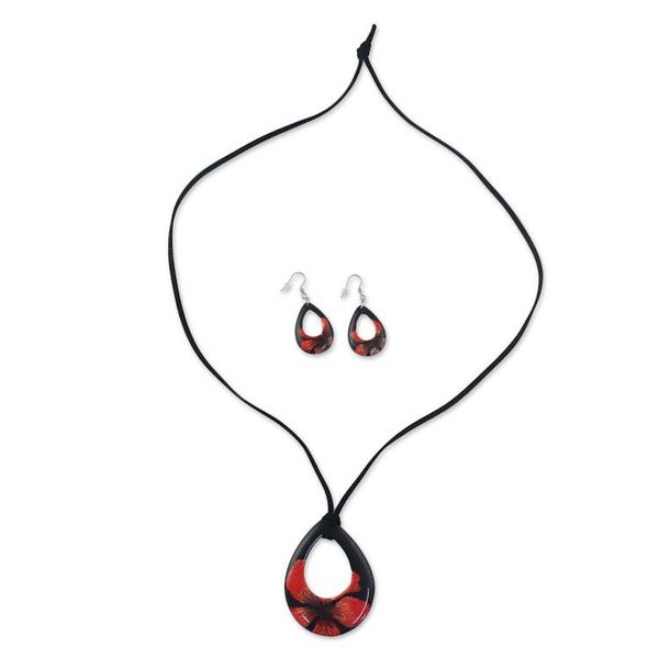 Alternate image for Ceramic Black and Red Pendant Necklace Dangle Earrings Set Crimson Bloom