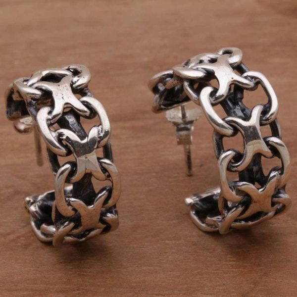 Alternate image for Artisan Crafted Sterling Silver Balinese Half-Hoop Earrings Intricate Chain