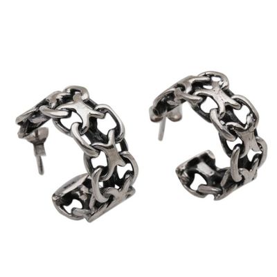 Alternate image for Artisan Crafted Sterling Silver Balinese Half-Hoop Earrings Intricate Chain