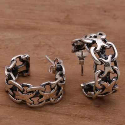 Alternate image for Artisan Crafted Sterling Silver Balinese Half-Hoop Earrings Intricate Chain