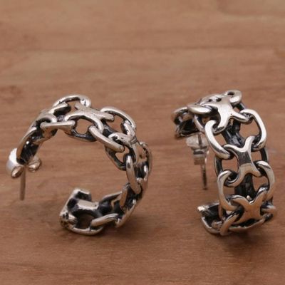 Alternate image for Artisan Crafted Sterling Silver Balinese Half-Hoop Earrings Intricate Chain