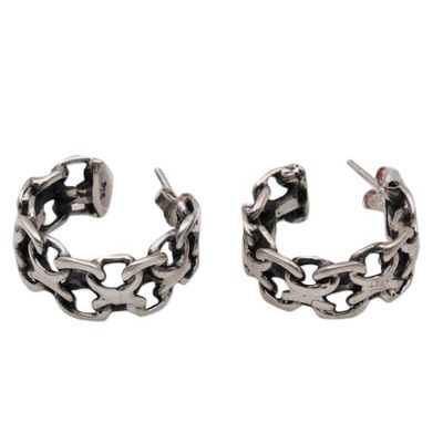 Alternate image for Artisan Crafted Sterling Silver Balinese Half-Hoop Earrings Intricate Chain