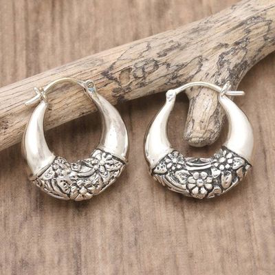 Primary image for Polished and Oxidized Sterling Silver Floral Hoop Earrings Floral Bridge