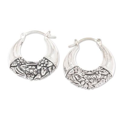 Alternate image for Polished and Oxidized Sterling Silver Floral Hoop Earrings Floral Bridge