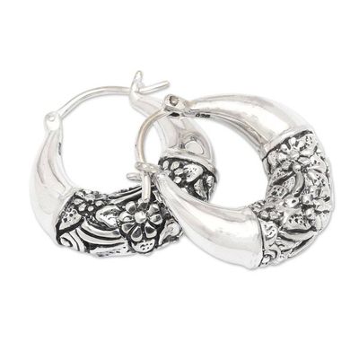 Alternate image for Polished and Oxidized Sterling Silver Floral Hoop Earrings Floral Bridge
