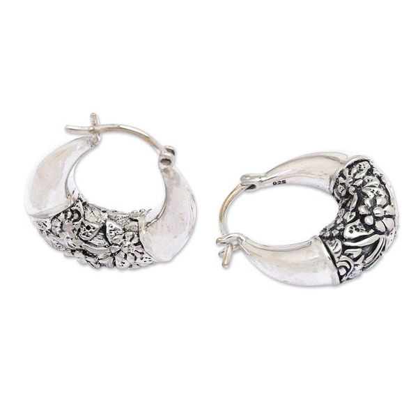 Alternate image for Polished and Oxidized Sterling Silver Floral Hoop Earrings Floral Bridge
