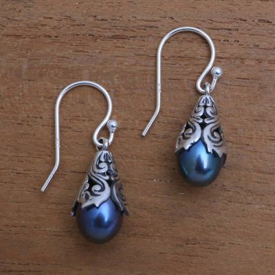 Alternate image for Peacock Cultured Pearl Dangle Earrings from Bali Little Trumpets in Peacock