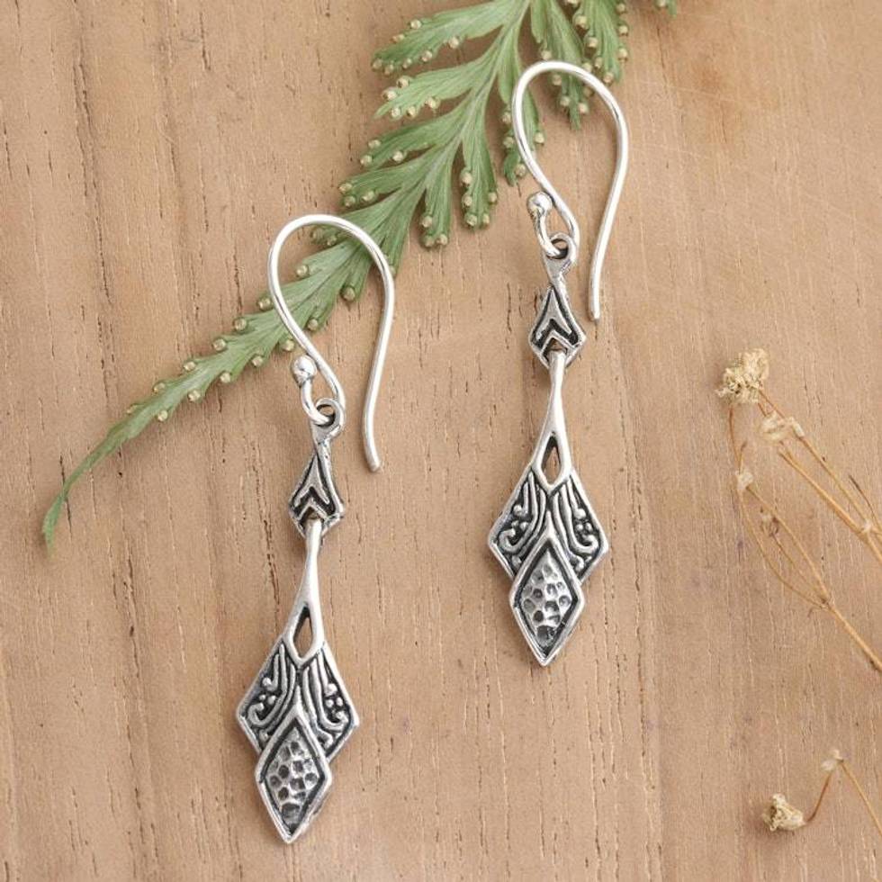 Folk Art-Inspired Lotus Sterling Silver Dangle Earrings 'Elite Lotus'