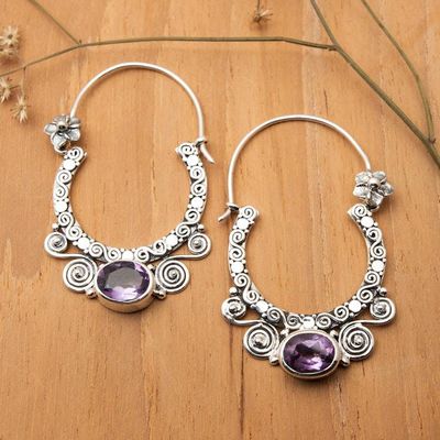 Alternate image for Amethyst and Sterling Silver Floral Hoop Earrings from Bali Spiral Arches