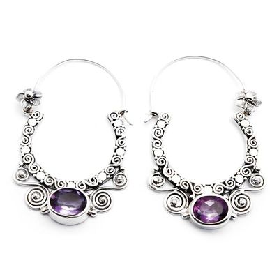 Alternate image for Amethyst and Sterling Silver Floral Hoop Earrings from Bali Spiral Arches