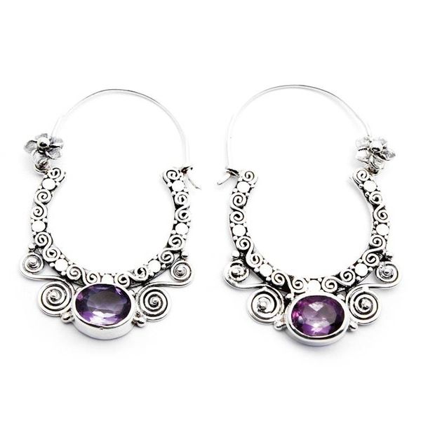 Alternate image for Amethyst and Sterling Silver Floral Hoop Earrings from Bali Spiral Arches