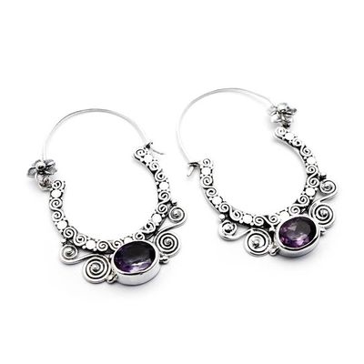 Alternate image for Amethyst and Sterling Silver Floral Hoop Earrings from Bali Spiral Arches