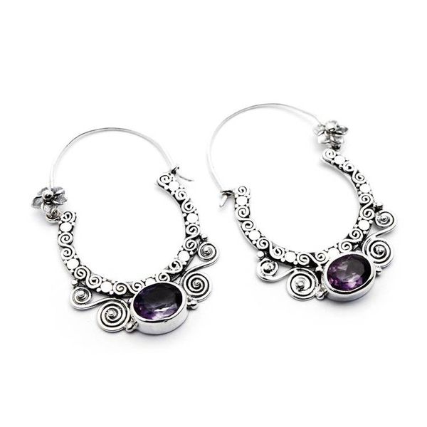 Alternate image for Amethyst and Sterling Silver Floral Hoop Earrings from Bali Spiral Arches