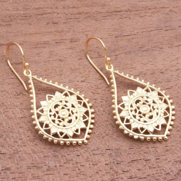 Alternate image for Sun Pattern Gold Plated Sterling Silver Dangle Earrings Jagaraga Sun