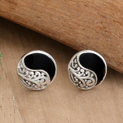 Alternate image for Folk Art-Inspired Floral Sterling Silver Button Earrings Yin-Yang Blooms