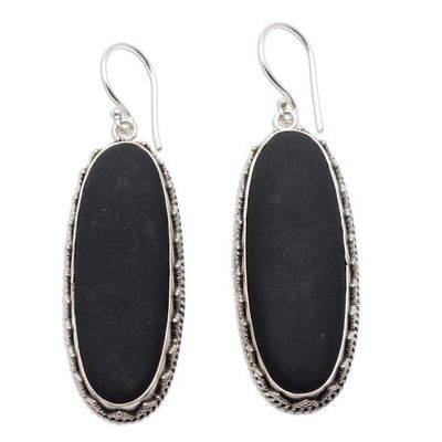 Alternate image for Sterling Silver Dangle Earrings with Lava Stone from Bali Batur at Night