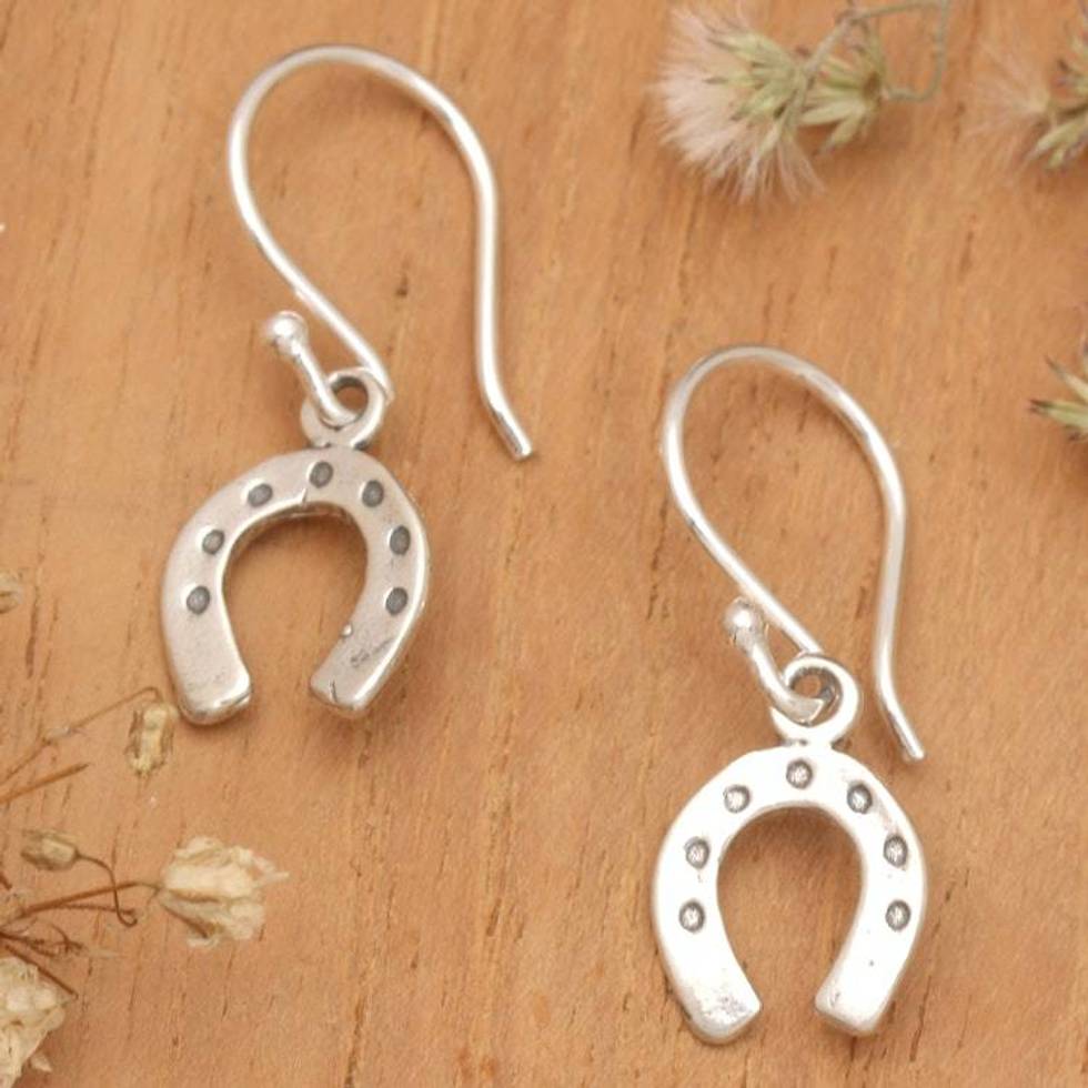Polished Horseshoe-Shaped Sterling Silver Dangle Earrings 'Equestrian Luck'