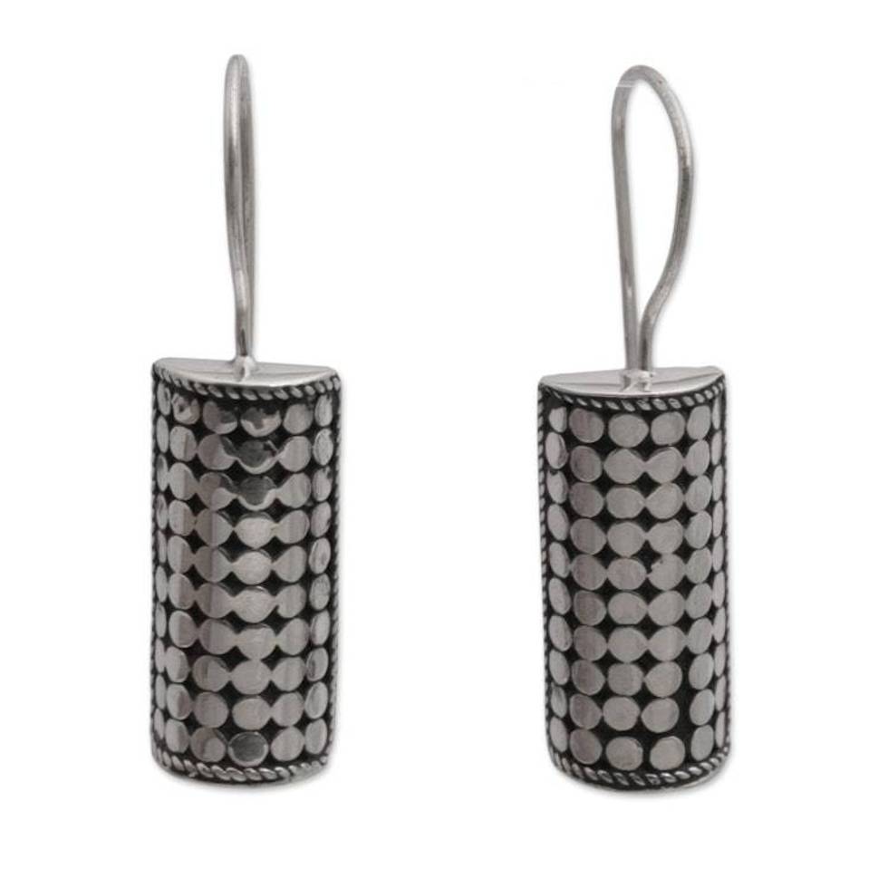 Sterling Silver Circle Motif Drop Earrings from Bali 'Dotted Pillars'