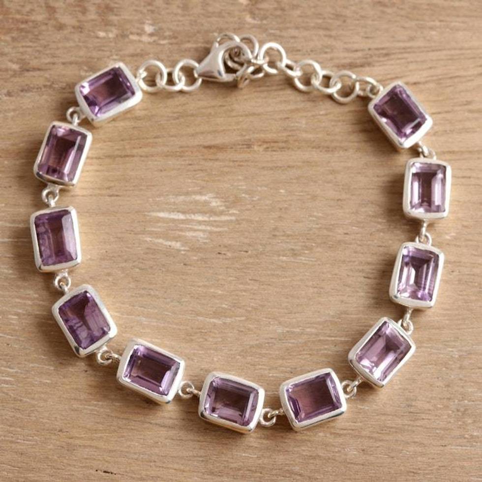 Rectangular Amethyst Link Bracelet from India 'Royal Rectangles'