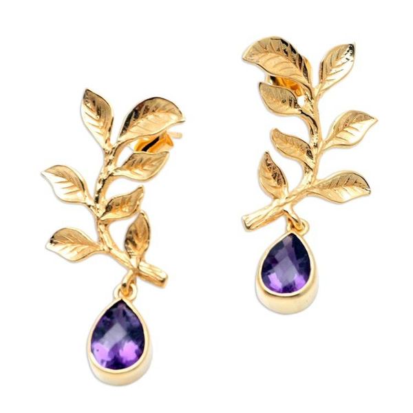 Alternate image for Gold-Plated Amethyst Drop Earrings Sweet Cherry Leaves