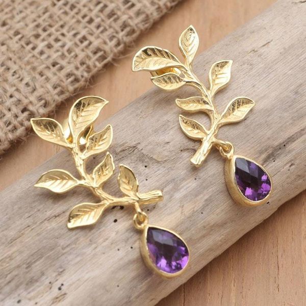 Alternate image for Gold-Plated Amethyst Drop Earrings Sweet Cherry Leaves