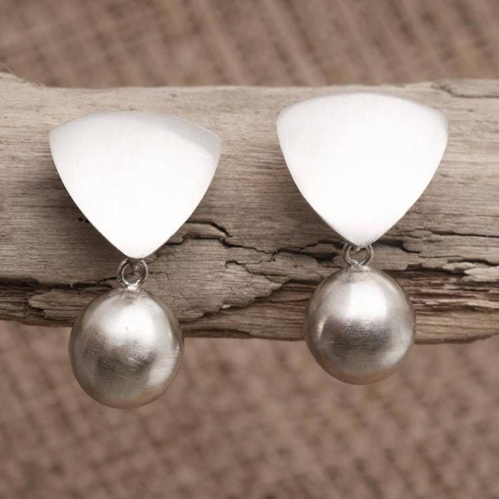 Matte Finish Sterling Silver Dangle Earrings 'Triangular Heart'