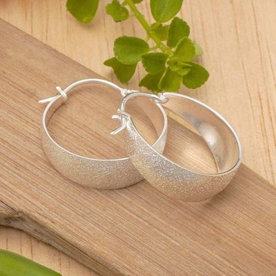 Primary image for Brushed-Satin Textured-Finished Silver Hoop Earrings Chic Cycle of Glory