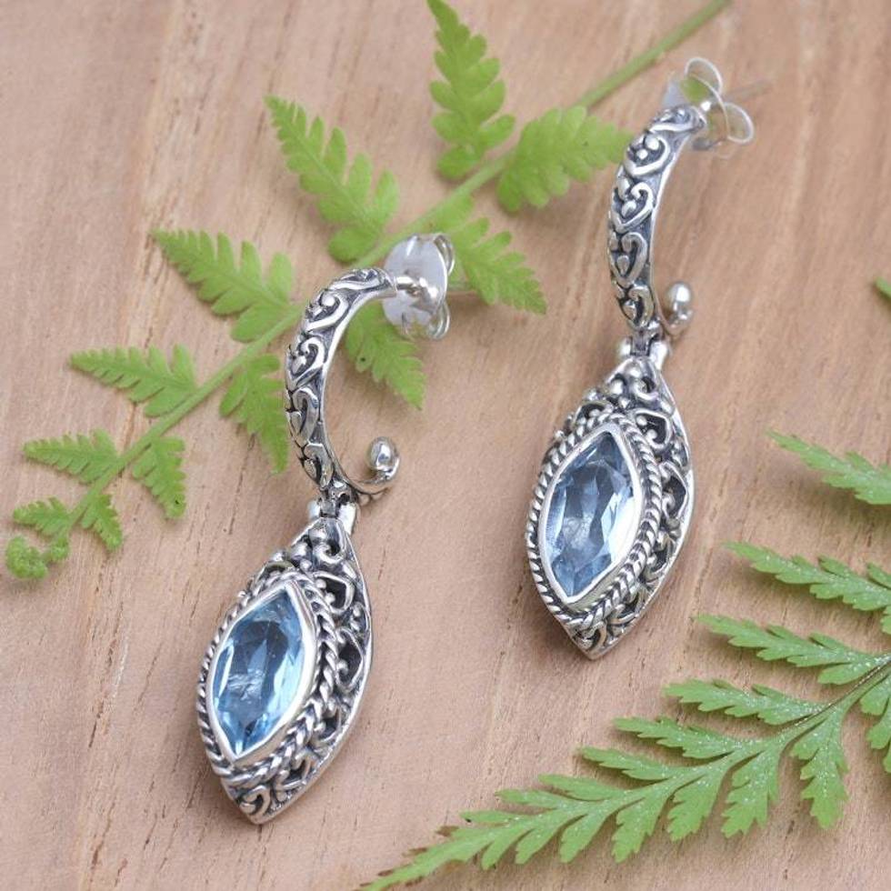 Blue Topaz and Sterling Silver Dangle Earrings from Bali 'Naked Eye in Blue'