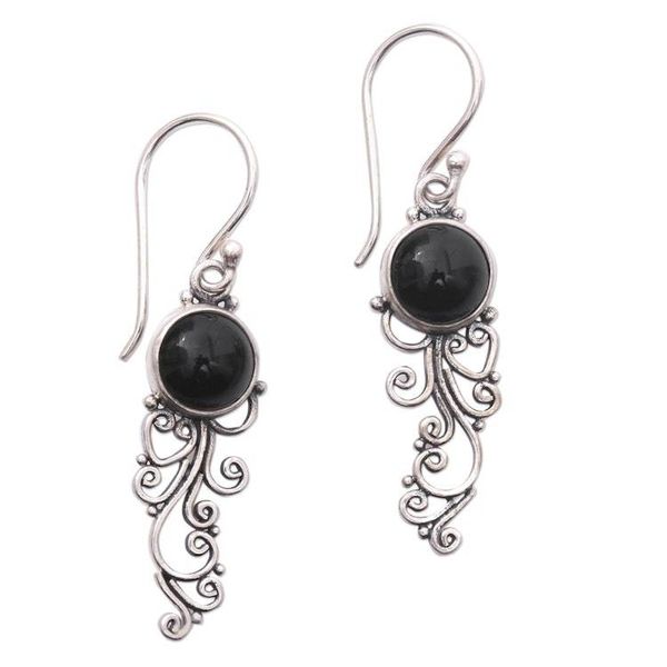 Alternate image for Handcrafted Onyx Sterling Silver Scrollwork Dangle Earrings Malam Dance