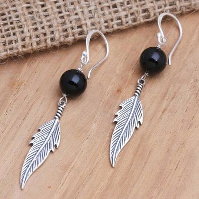 Primary image for Onyx and Sterling Silver Feather-Motif Dangle Earrings Black Feathers