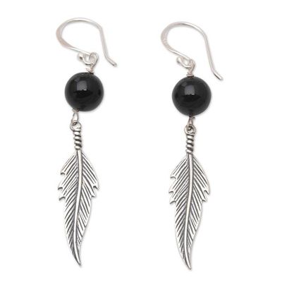 Alternate image for Onyx and Sterling Silver Feather-Motif Dangle Earrings Black Feathers